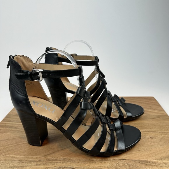 Womens XOXO Baxter Black Faux Leather Gladiator Block Heels Sandals Size‎ 11 M - Picture 1 of 9